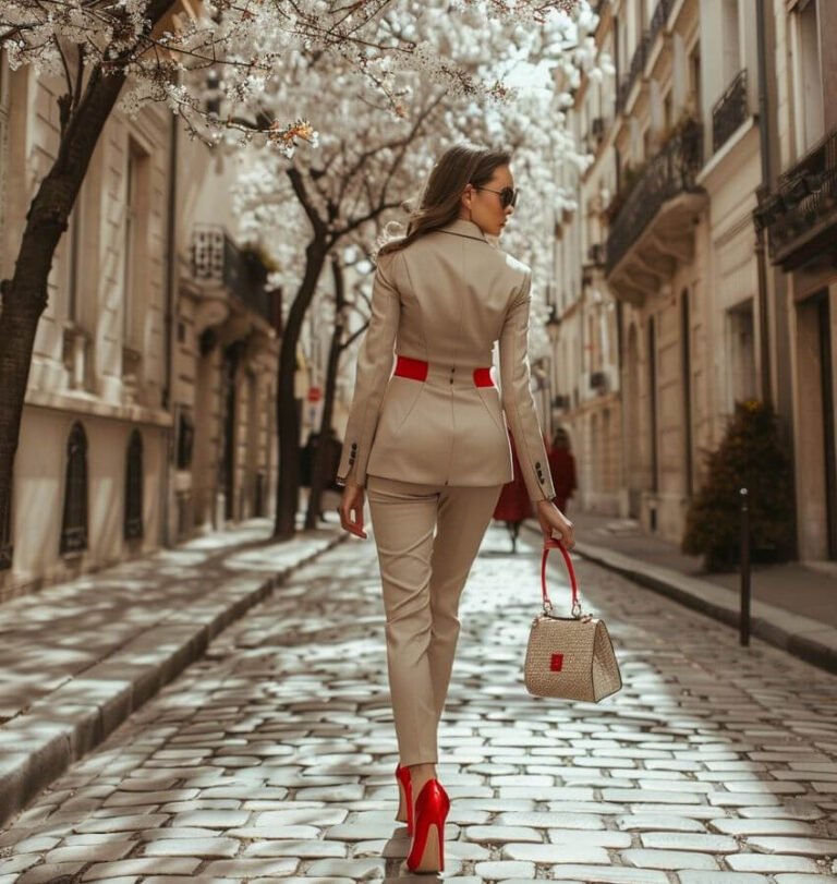 A confident woman walking in high heels on a cobblestone street, wearing a chic beige outfit.